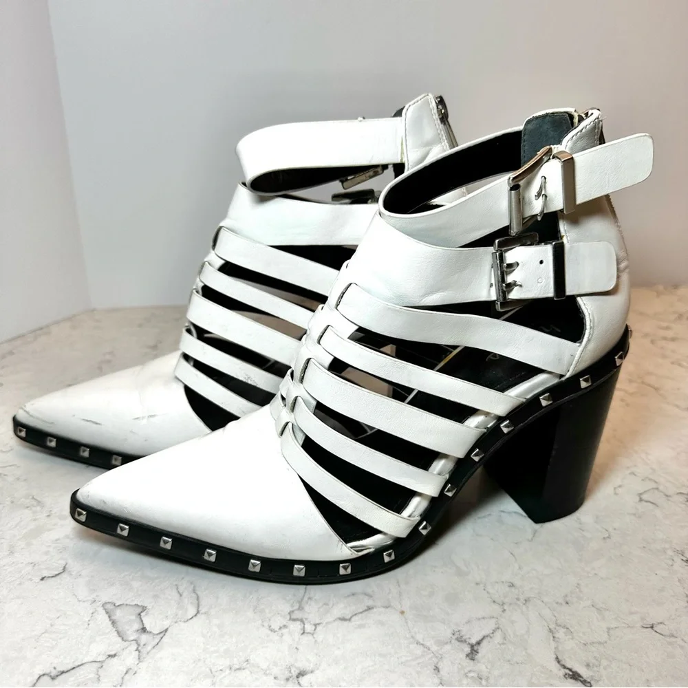 Charles David Women's 7.5 White Strappy Leather Cage Western Booties Straps